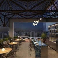 Inspire Ibirapuera - Área de lazer: Perspectiva espaço gourmet com churrasqueira e forno pizza Inspire Ibirapuera - Área de lazer: Perspectiva espaço gourmet com churrasqueira e forno pizza