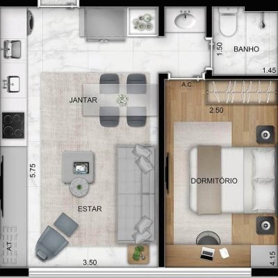 Inspire Ibirapuera - Planta 38m² 1 dormitório varanda integrada Inspire Ibirapuera - Planta 38m² 1 dormitório varanda integrada