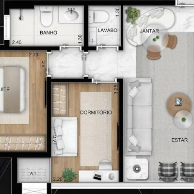 Inspire Ibirapuera - Planta 51m² 2 dormitórios varanda integrada Inspire Ibirapuera - Planta 51m² 2 dormitórios varanda integrada