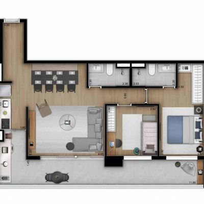Trends Brooklin - Planta 91m² - 2 dormitórios com living ampliado Trends Brooklin - Planta 91m² - 2 dormitórios com living ampliado