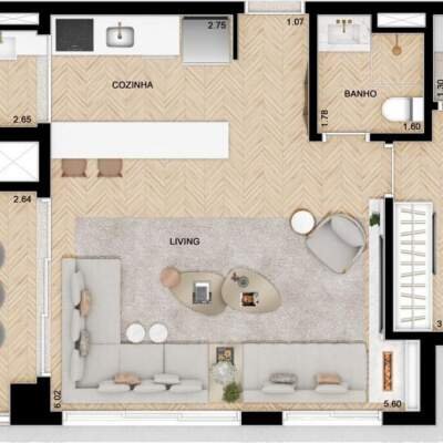 Gabell Jardins - Planta 70m² - 1 Dormitorio com Sala Ampliada Gabell Jardins - Planta 70m² - 1 Dormitorio com Sala Ampliada