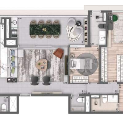 Cyrela Bothanic Residences Campo Belo - Planta 135m² - 3 suítes, cozinha aberta Cyrela Bothanic Residences Campo Belo - Planta 135m² - 3 suítes, cozinha aberta