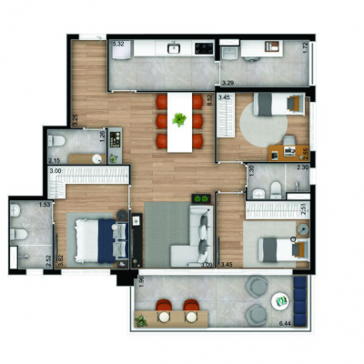 Aurora by Tarjab - Planta 107m² - 3 dormitórios com cozinha fechada Aurora by Tarjab - Planta 107m² - 3 dormitórios com cozinha fechada