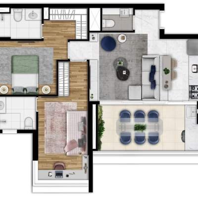 Horizon Paraíso - Planta 75m² 2 suítes terraço técnico integrado ao quarto Horizon Paraíso - Planta 75m² 2 suítes terraço técnico integrado ao quarto