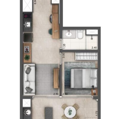 YBY Vila Clementino - Planta 42m² - 1 dormitório tipo 2 YBY Vila Clementino - Planta 42m² - 1 dormitório tipo 2