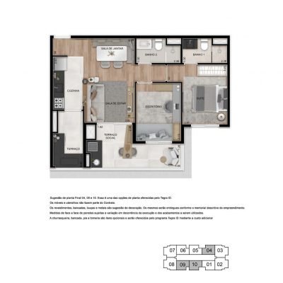 Amaro - Planta 63m² - opção decorado 1 suíte e escritório Amaro - Planta 63m² - opção decorado 1 suíte e escritório