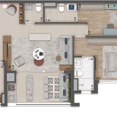 Raízes Premium Mooca - Planta 82m² - Opção 2 suítes Raízes Premium Mooca - Planta 82m² - Opção 2 suítes