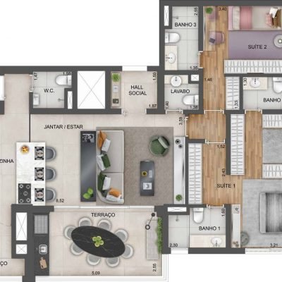 Expression Ibirapuera - Planta 122m² - Opção 2 suítes com suíte master ampliada Expression Ibirapuera - Planta 122m² - Opção 2 suítes com suíte master ampliada