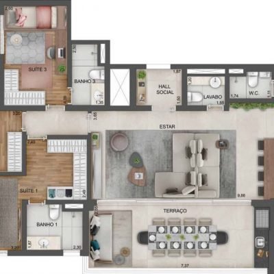 Expression Ibirapuera - Planta 141m² - Opção 3 suítes living ampliado Expression Ibirapuera - Planta 141m² - Opção 3 suítes living ampliado