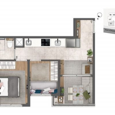 Today Joaquim Távora - Planta 41m² - 2 dormitórios decorado Today Joaquim Távora - Planta 41m² - 2 dormitórios decorado