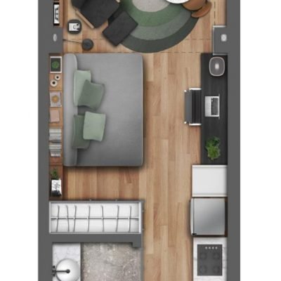 Leaf Loefgren - Planta 26m² - Studio com varanda integrada Leaf Loefgren - Planta 26m² - Studio com varanda integrada