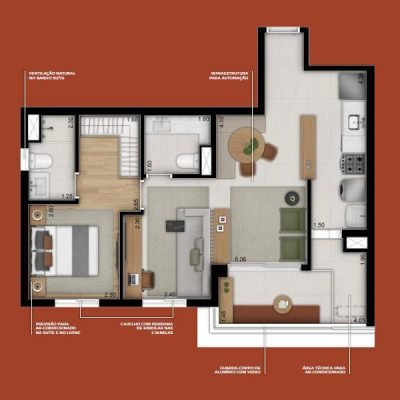Moa 292 Residencial - Planta 60m² - Opção 1 suíte com living ampliado Moa 292 Residencial - Planta 60m² - Opção 1 suíte com living ampliado