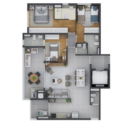 Nhambí Moema - Planta 111m² - Opção 3 suítes com cozinha aberta Nhambí Moema - Planta 111m² - Opção 3 suítes com cozinha aberta