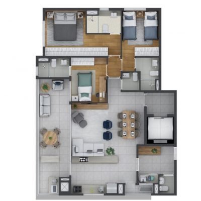 Nhambí Moema - Planta 121m² - Opção 3 suítes com cozinha aberta Nhambí Moema - Planta 121m² - Opção 3 suítes com cozinha aberta