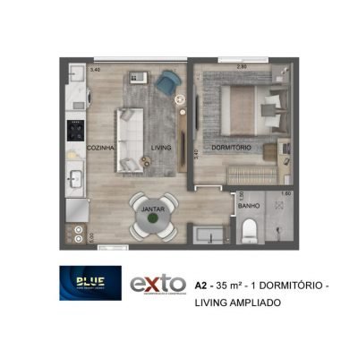 Blue Home Resort Jockey - Planta 35m² - Opção | 1 dorm com varanda integrada Blue Home Resort Jockey - Planta 35m² - Opção | 1 dorm com varanda integrada