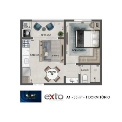Blue Home Resort Jockey - Planta 35m² - Padrão | 1 dorm Blue Home Resort Jockey - Planta 35m² - Padrão | 1 dorm