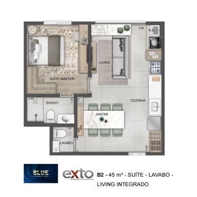 Blue Home Resort Jockey - Planta 45m² - Opção | 1 suíte com lavabo e varanda integrada Blue Home Resort Jockey - Planta 45m² - Opção | 1 suíte com lavabo e varanda integrada
