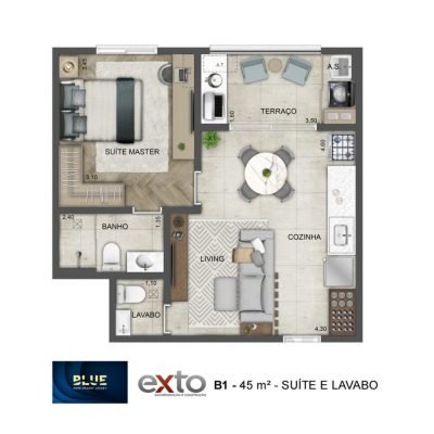 Blue Home Resort Jockey - Planta 45m² - Padrão | 1 suíte com lavabo Blue Home Resort Jockey - Planta 45m² - Padrão | 1 suíte com lavabo