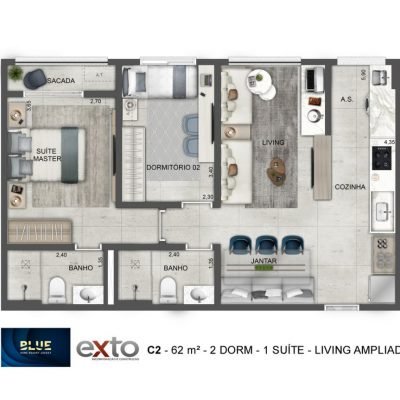 Blue Home Resort Jockey - Planta 62m² - Opção | 2 dorms com varanda integrada Blue Home Resort Jockey - Planta 62m² - Opção | 2 dorms com varanda integrada