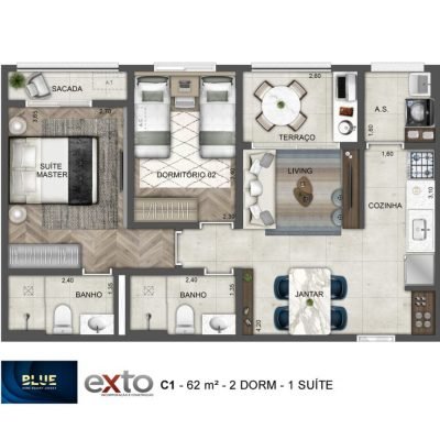 Blue Home Resort Jockey - Planta 62m² - Padrão | 2 dorms Blue Home Resort Jockey - Planta 62m² - Padrão | 2 dorms