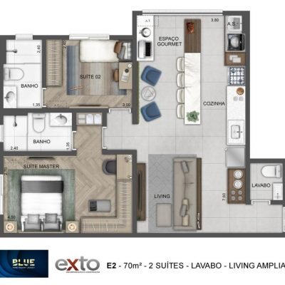 Blue Home Resort Jockey - Planta 70m² - Opção | 2 suítes com lavabo e varanda integrada Blue Home Resort Jockey - Planta 70m² - Opção | 2 suítes com lavabo e varanda integrada