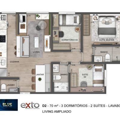 Blue Home Resort Jockey - Planta 70m² - Opção | 3 dorms com varanda integrada Blue Home Resort Jockey - Planta 70m² - Opção | 3 dorms com varanda integrada