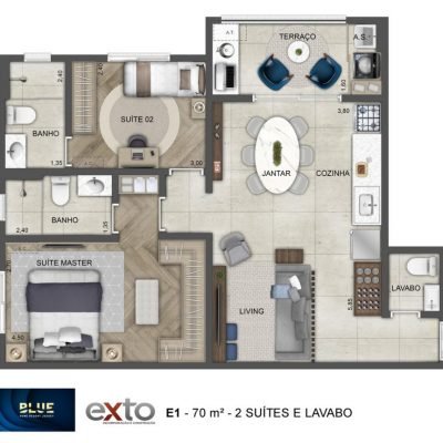 Blue Home Resort Jockey - Planta 70m² - Padrão | 2 suítes com lavabo Blue Home Resort Jockey - Planta 70m² - Padrão | 2 suítes com lavabo