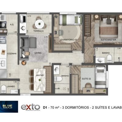 Blue Home Resort Jockey - Planta 70m² - Padrão | 3 dorms Blue Home Resort Jockey - Planta 70m² - Padrão | 3 dorms