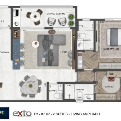 Blue Home Resort Jockey - Planta 87m² - Opção | 2 suítes living ampliado Blue Home Resort Jockey - Planta 87m² - Opção | 2 suítes living ampliado