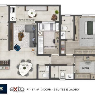 Blue Home Resort Jockey - Planta 87m² - Padrão | 3 dorms Blue Home Resort Jockey - Planta 87m² - Padrão | 3 dorms