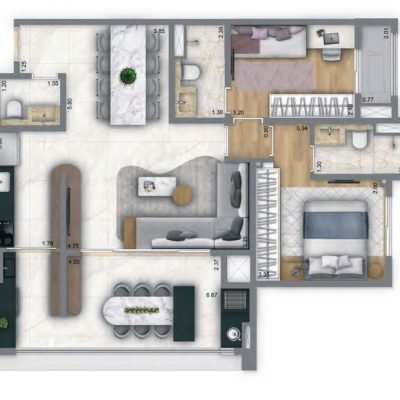 Living Unique Saúde - Planta 82m² - Opção 2 suítes Living Unique Saúde - Planta 82m² - Opção 2 suítes