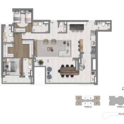 Éden West - Planta 134m² - Opção 2 suítes com cozinha aberta Éden West - Planta 134m² - Opção 2 suítes com cozinha aberta