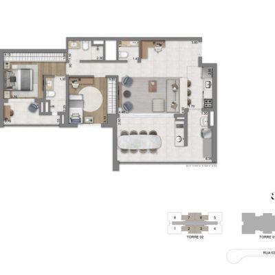 Éden West - Planta 94m² - Opção 2 dorms com cozinha aberta Éden West - Planta 94m² - Opção 2 dorms com cozinha aberta