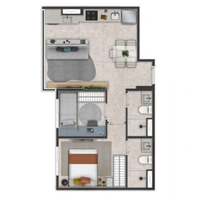 Side Sacomã - Planta 44m² - 2 dorms com suíte | Opção living integrado Side Sacomã - Planta 44m² - 2 dorms com suíte | Opção living integrado