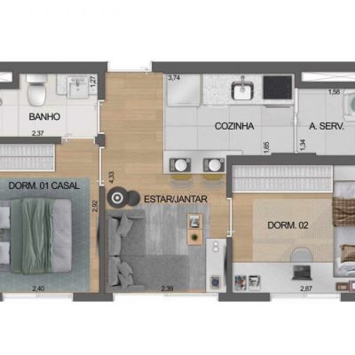 Boulevard Ibirapuera Iraé - Planta 38m² - 2 dorms Boulevard Ibirapuera Iraé - Planta 38m² - 2 dorms