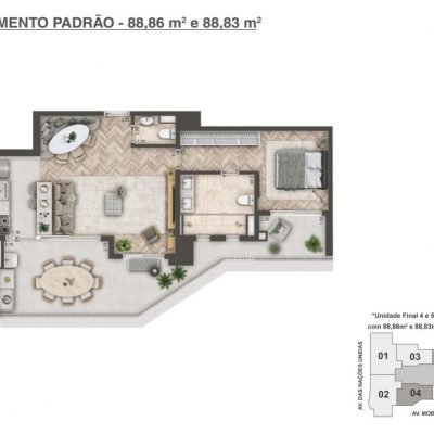 Mandarim The Legend - Planta 88m² - Padrão Loft 1 suíte Mandarim The Legend - Planta 88m² - Padrão Loft 1 suíte