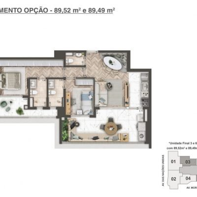 Mandarim The Legend - Planta 89m² - Opção | 2 suítes com cozinha aberta Mandarim The Legend - Planta 89m² - Opção | 2 suítes com cozinha aberta