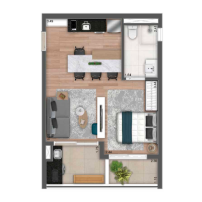 MAC Ibirapuera - Planta 44m² - Opção | Studio MAC Ibirapuera - Planta 44m² - Opção | Studio