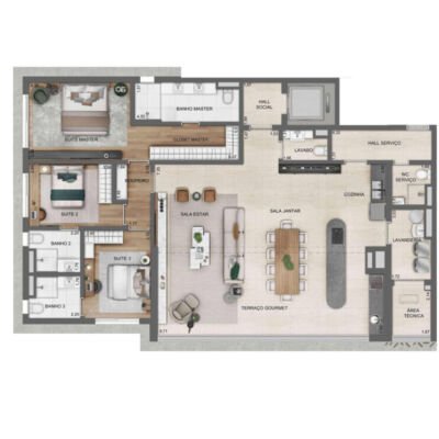 Lindenberg Alto de Pinheiros - Planta 182m² - 3 suítes cozinha integrada Lindenberg Alto de Pinheiros - Planta 182m² - 3 suítes cozinha integrada