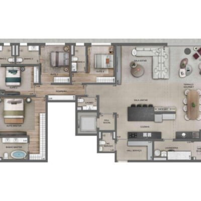 Lindenberg Alto de Pinheiros - Planta 220m² - 4 suítes cozinha integrada Lindenberg Alto de Pinheiros - Planta 220m² - 4 suítes cozinha integrada