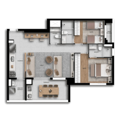 Viccino by Tarjab - Planta 90m² - 2 dormitórios living ampliado Viccino by Tarjab - Planta 90m² - 2 dormitórios living ampliado