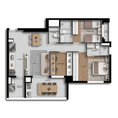 Viccino by Tarjab - Planta 90m² - 3 dormitórios home office Viccino by Tarjab - Planta 90m² - 3 dormitórios home office