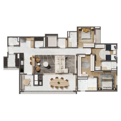 Home Boutique by Living | Ipiranga - Planta 156m² - Padrão 3 suítes com living ampliado e cozinha integrada Home Boutique by Living | Ipiranga - Planta 156m² - Padrão 3 suítes com living ampliado e cozinha integrada