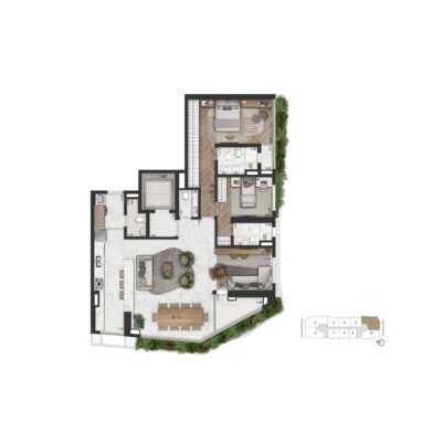 On The Sky Bela Cintra - Planta 147m² - Opção 2 suítes com cozinha aberta On The Sky Bela Cintra - Planta 147m² - Opção 2 suítes com cozinha aberta