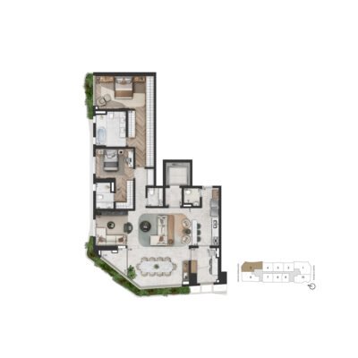 On The Sky Bela Cintra - Planta 169m² - Opção 2 suítes com cozinha aberta On The Sky Bela Cintra - Planta 169m² - Opção 2 suítes com cozinha aberta