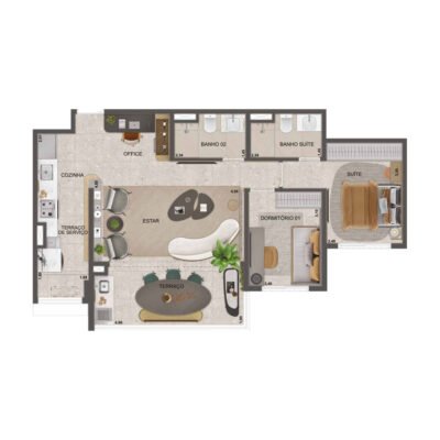 Blue Marine - Planta 76m² - Opção 2 dorms living ampliado Blue Marine - Planta 76m² - Opção 2 dorms living ampliado