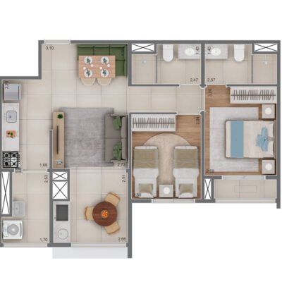 Raízes Premium Campo Belo - Planta 64m² - 2 dormitórios Raízes Premium Campo Belo - Planta 64m² - 2 dormitórios