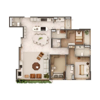Gavia Moema - Planta 150m² - Opção 3 suítes | Cozinha aberta Gavia Moema - Planta 150m² - Opção 3 suítes | Cozinha aberta