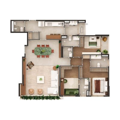 Gavia Moema - Planta 150m² - Opção 3 suítes | Cozinha fechada Gavia Moema - Planta 150m² - Opção 3 suítes | Cozinha fechada