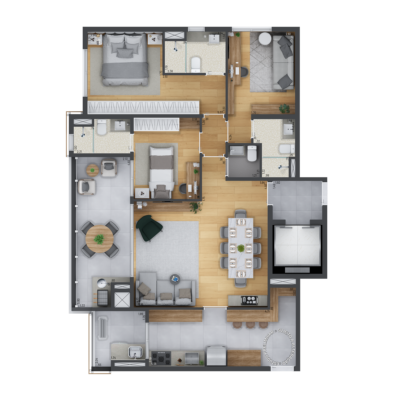 Nhambí Moema - Planta 111m² - Opção 3 suítes e cozinha fechada Nhambí Moema - Planta 111m² - Opção 3 suítes e cozinha fechada